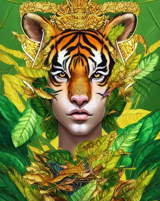 Image similar to digital art, portrait of woman - tiger on a throne, throne is spangled in green and golden leaves, majestic, tropical setting, greenish colors, powerfull by james jean and by artgerm, ultradetailed, charachter design, oil painting, trending on artstation,