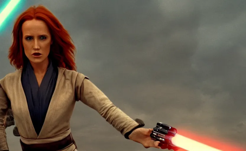 Image similar to screenshot of Jedi Mara Jade, played by Julian Moore, holding a blue lightsaber in right hand, iconic scene from 1980s film by Stanley Kubrick, 4k, windy hair, cinematic still frame, surreal sci fi set design, photoreal, detailed face, moody storm lighting, stunning cinematography, hyper detailed, sharp, anamorphic lenses, kodak color film stock