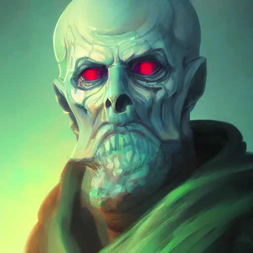 Prompt: portrait of a lich, green smoke leaving his empty eyes, mattepainting concept blizzard pixar maya engine on stylized background splash comics global illumination lighting artstation lois van baarle, ilya kuvshinov, rossdraws