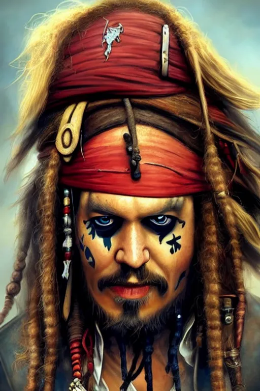 Image similar to Boris Johnson as Jack Sparrow, Boris Johnson hairstyle, realistic portrait, symmetrical, highly detailed, digital painting, artstation, concept art, smooth, sharp focus, illustration, cinematic lighting, art by artgerm and greg rutkowski and alphonse mucha