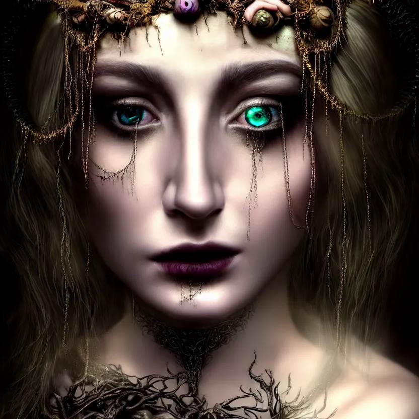 Image similar to mindblowing portrait of the enchantress queen, a stunning timeless beauty, breathtaking eyes, perfect skin, feathered eyelashes, royal gothic dress with a lot of leather, heavy silent hill aesthetic, incredibly intricate, digital art, blender, houdini & photoshop, very elegant & complex, hyper-maximalist, overdetailed, epic cinematic quality, biblical art lighting, photorealistic, lifelike, OLED, DSLR HDR 8k, face is the focus, facial feature symmetry, hyper composed, created by Nixeu & z--ed from deviantart