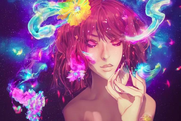 Image similar to psychedelic, full body, whimsical, anime, 4k, beautiful lusty woman blowing smoke, with professional makeup, long trippy hair, a crystal and flower dress, sitting in a reflective pool, surrounded by gems, underneath the stars, rainbow fireflies, trending on patreon, deviantart, twitter, artstation, volumetric lighting, heavy contrast, art style of Ross Tran and Miho Hirano and Ilya Kuvshinov