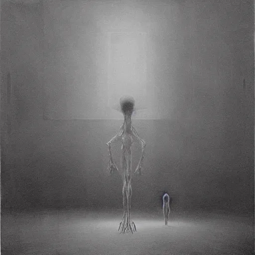 Prompt: “ alien with long fingers in a dark room full of smart devices floating, beksinski ”