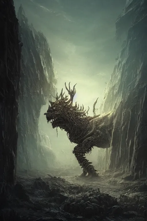 Image similar to a fancy portrait of a giant michanical beast buried in an apocalyptic world by Greg Rutkowski, Sung Choi, Mitchell Mohrhauser, Maciej Kuciara, Johnson Ting, Maxim Verehin, Peter Konig, final fantasy, Marco lense , 8k photorealistic, cinematic lighting, HD, high details, atmospheric , trending on artstation