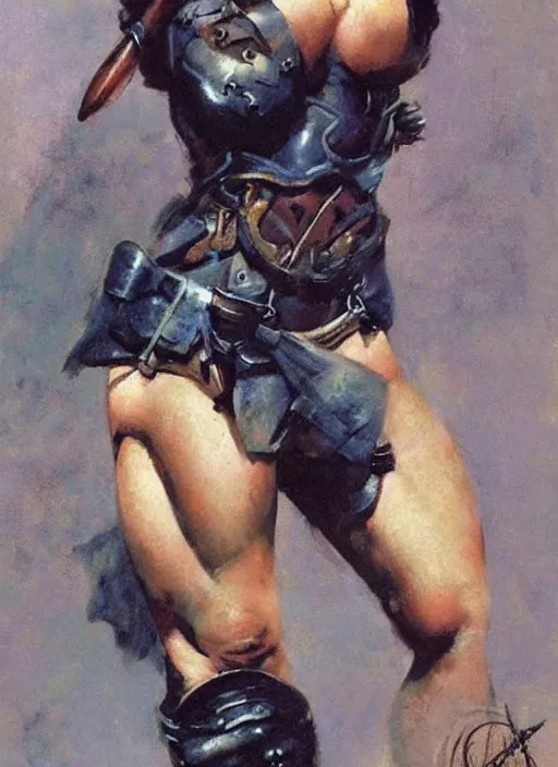 Image similar to portrait of strong female ranger, beautiful! coherent! by frank frazetta, by brom, strong line, deep color, leather armor, short buzzed hair, high contrast