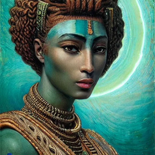 Prompt: intricate detail, hyper detail, nefertiti, african sybil, lady of elche techno mystic princess intergalactica, wearing labradorite body armor, hazel green eyes, teal eyebrows, with neon aqua rapunzel dreadlocks, detailed, by gaston bussiere, h. r. giger, sandro botticelli, masterpiece, sharp focus,