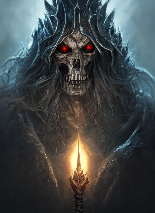 Image similar to lord death, ultra detailed fantasy, elden ring, realistic, dnd character portrait, full body, dnd, rpg, lotr game design fanart by concept art, behance hd, artstation, deviantart, global illumination radiating a glowing aura global illumination ray tracing hdr render in unreal engine 5