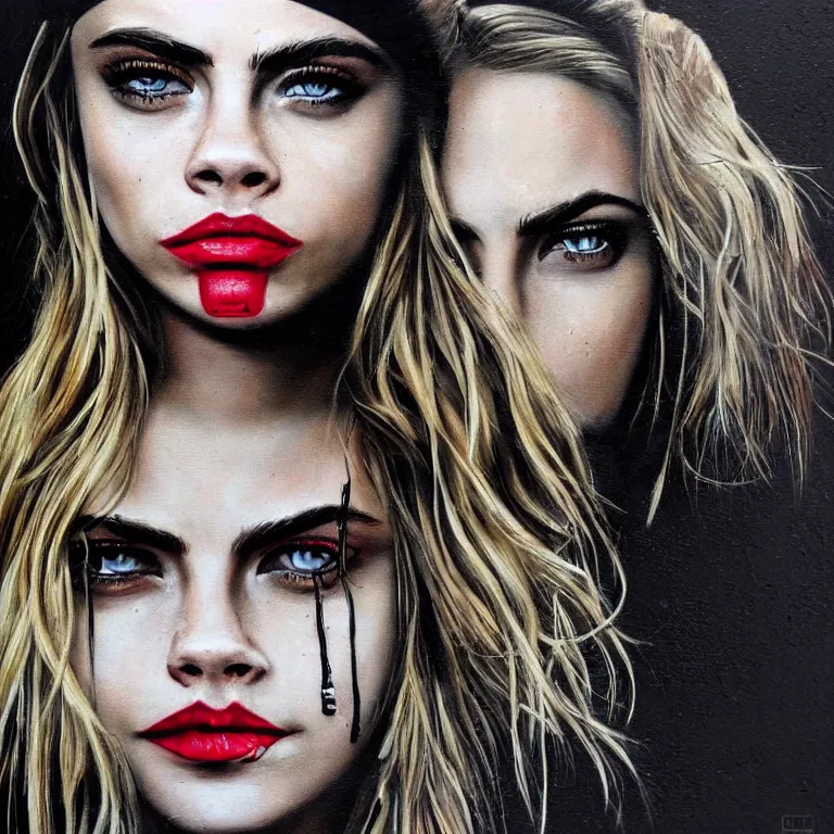 Prompt: Street-art portrait of Cara Delevingne in style of Banksy, photorealism