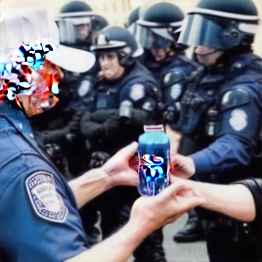 Prompt: donald trump handing a can of pepsi to a police officer during a riot