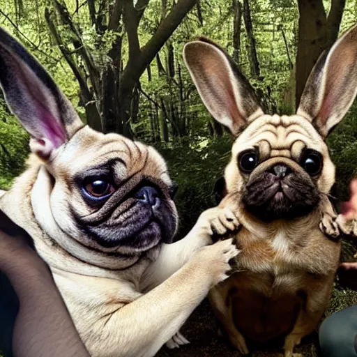 Prompt: a Rabbit-Pug Hybrid, A Rabbit that looks like a pug, huge tusks, afternoon hangout, good times photograph, candid
