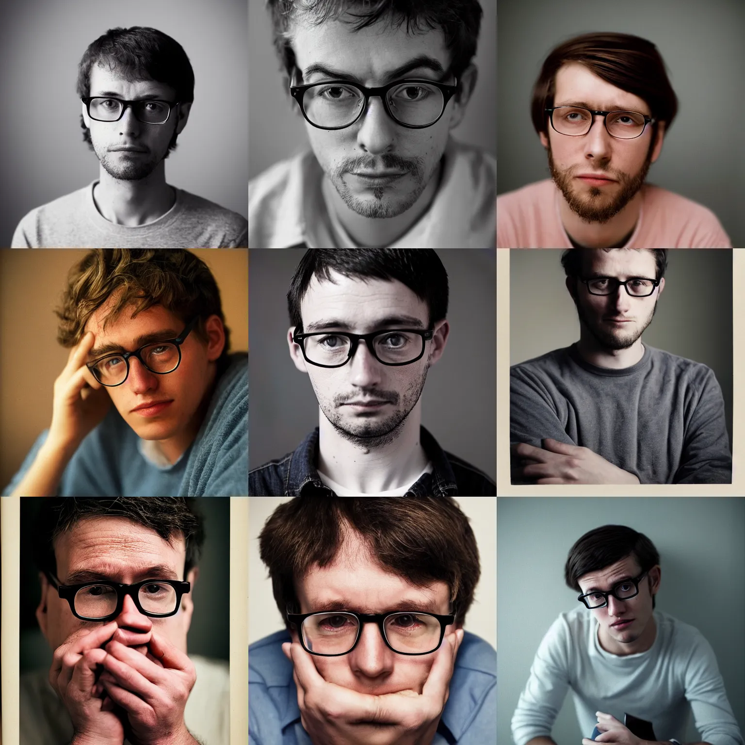 Prompt: photograph of a man with glasses and short unkempt hair, nerd, young, emotional, depression, loneliness, dim light, sigma 85mm f/1.4, by annie leibovitz