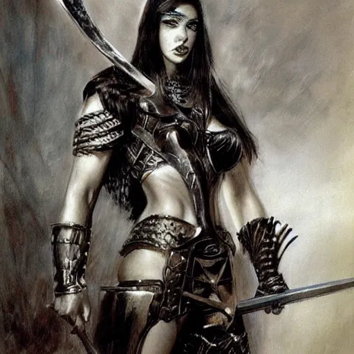 Prompt: portrait of a muscular goth emo girl wearing armor and holding sword by frank fazetta, fantasy, barbarian