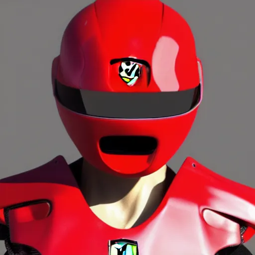 Image similar to Tokusatsu character based on Ferrari, red mechanical skinny body, chest plate with Ferrari logo, stylized motorcycle helmet, unreal engine, 3D model