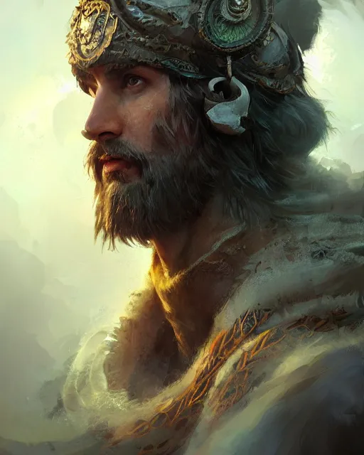 Image similar to Druid warrior, handsome, portrait, intricate, detailed, volumetric lighting, scenery, digital painting, highly detailed, artstation, sharp focus, illustration, concept art, ruan jia, steve mccurry