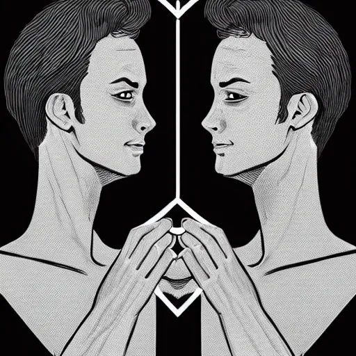 Image similar to perfectly centered symmetrical split male and female portrait of man and woman in love sharing one heart. illustration, highly detailed, simple, no jagged lines, smooth, artstation, artwork by chip zdarsky