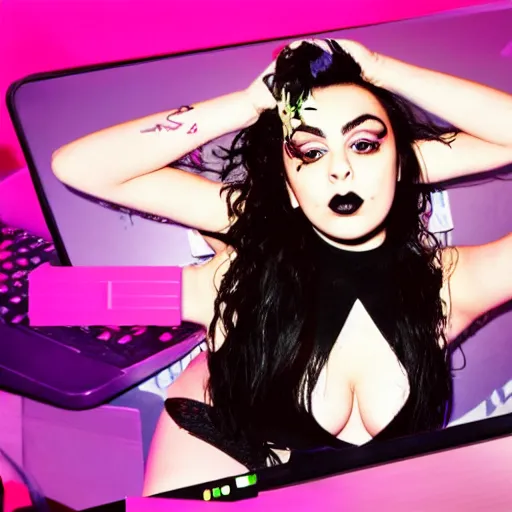 Prompt: Charli XCX, displayed on a computer monitor, glitchcore