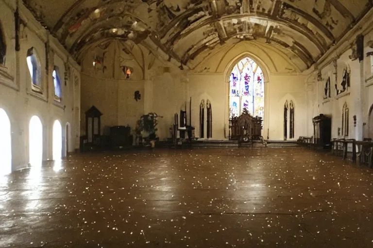 Image similar to low quality photo inside a church but the floor is melting into the universe