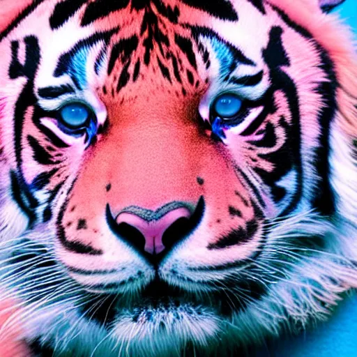 Image similar to a close up photograph with a faded color palette, extreme details and studio lighting of a pink tiger with realistic fur on blue gradient background, 8 k, portrait