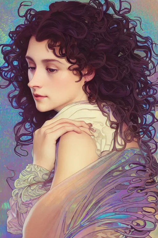 Prompt: a digital illustration of a brunette girl with curly hair working on macbook, iridescent scaled skin, refraction and reflections, translucent, shawl, artstation, painting by alphonse mucha and bouguereau and ruan jia and conrad roset