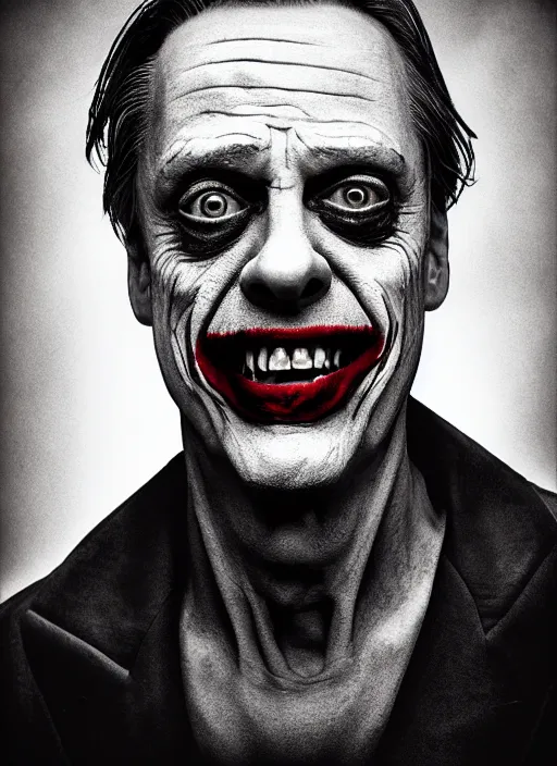 Image similar to photo of Steve Buscemi as the Joker by Eolo Perfido and Lee Jeffries, big smile, head shot, detailed, award winning, Sony a7R