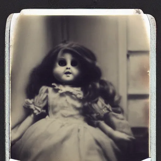 Image similar to a very beautiful old polaroid picture of a creepy doll in a bedroom, award winning photography