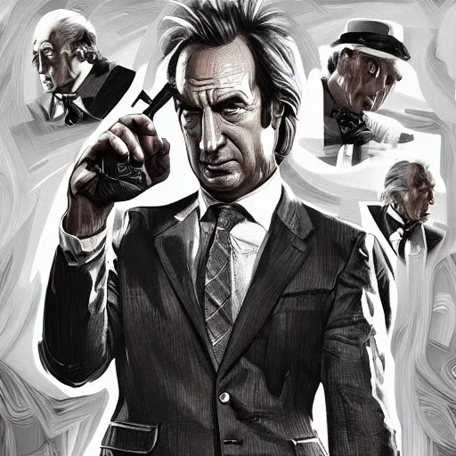 Prompt: saul goodman movie poster, dynamic pose, intricate, elegant, highly detailed centered digital painting artstation concept art smooth sharp focus illustration