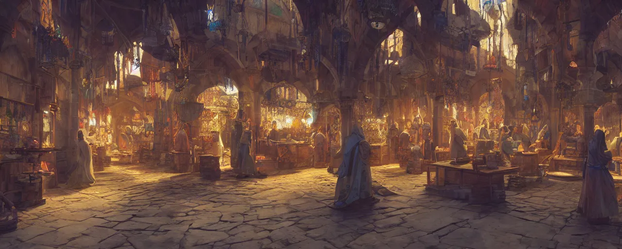 Image similar to inside of a medieval era bazaar, vaporwave aesthetics, 8 k uhd, unreal engine, octane render in the artstyle of finnian macmanus, john park and greg rutkowski