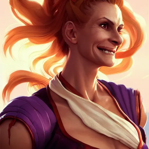 Image similar to julia roberts as a street fighter character, cg animation, capcom, realistic, character select portrait, by artgerm, greg rutkowski, alphonse mucha, 3 d