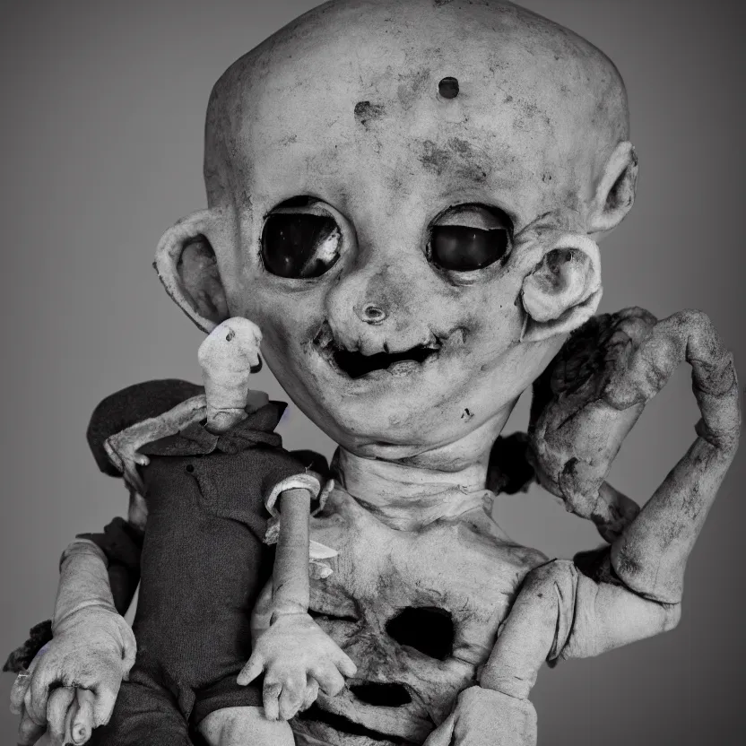 Image similar to creepy ventriloquist dummy in the style of roger ballen, 4 k, bw, portrait