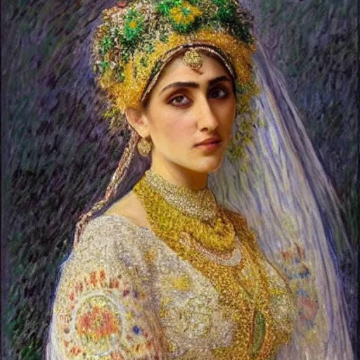 Image similar to full body portrait of a beautiful Kurdish bride wearing beautiful a beautiful wedding dress, very detailed eyes, hyperrealistic, beautiful, very detailed painting by Claude Monet and Alphonse Mucha, trending on artstation, extremely high detail, incredibly intricate
