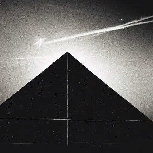 Image similar to a large triangle black spaceship with lights seen in the sky, vintage photo, old, grainy, sepia