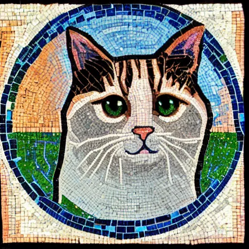 Prompt: a byzantine mosaic of a cute cat on a space station in the style of monet