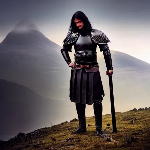 Image similar to a long shot, high quality dslr photo of a tall and muscular man with long black hair in authentic 1 4 th - century armor standing holding a claymore sword. tough and stoic looking. dramatic and cinematic lighting. golden hour. foggy and atmospheric. ben nevis the scottish mountain is in the background. epic and heroic tone. editorial award winning photograph.