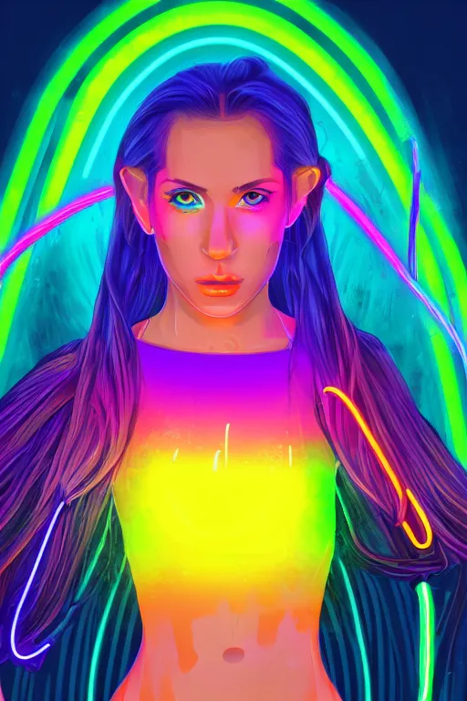 Image similar to a award winning half body portrait of a beautiful woman with stunning eyes in a croptop and cargo pants with rainbow colored ombre hairstyle head in motion and hair flying by thomas danthony, surrounded by whirling illuminated neon lines, outrun, vaporware, shaded flat illustration, digital art, trending on artstation, highly detailed, fine detail, intricate