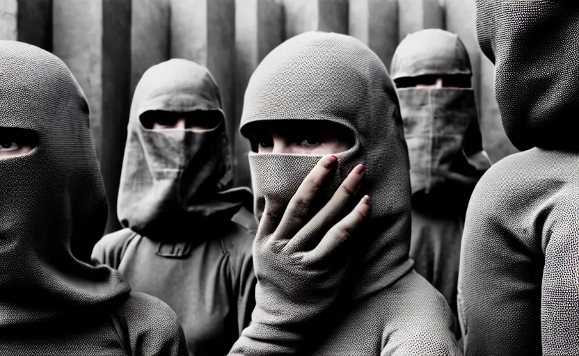 Image similar to cinestill 5 0 d photographic portrait by helen levitt of a group of android women wearing rugged black mesh techwear in a cement maze, extreme closeup, modern cyberpunk, minimalism, dust storm, 8 k, hd, high resolution, 3 5 mm, f / 3 2, ultra realistic faces, intricate detail, ex machina