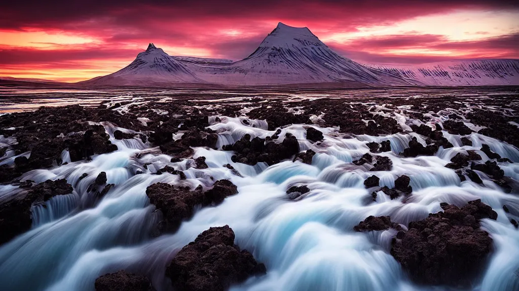 Image similar to amazing landscape photo of iceland in sunset by marc adamus, beautiful dramatic lighting