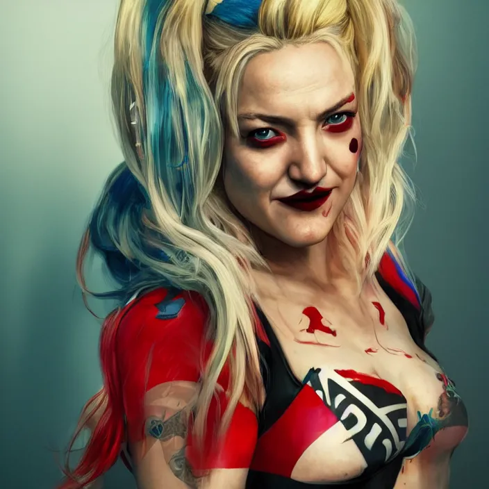 Image similar to portrait of Kate Hudson as a harley quinn. intricate abstract. intricate artwork. by Tooth Wu, wlop, beeple, dan mumford. octane render, trending on artstation, greg rutkowski very coherent symmetrical artwork. cinematic, hyper realism, high detail, octane render, 8k, iridescent accents