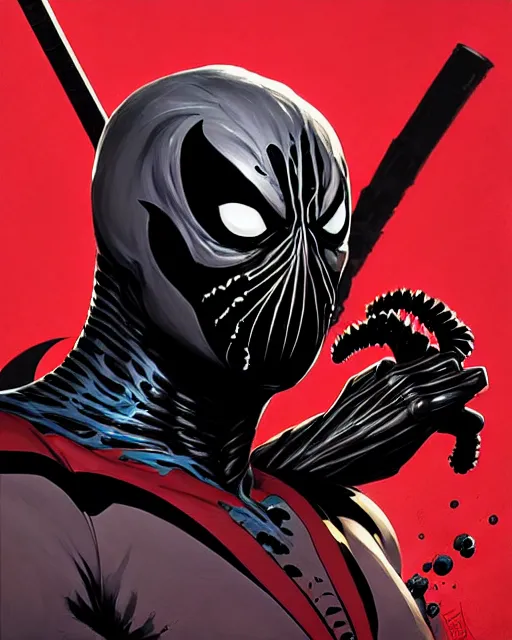 Image similar to highly detailed closeup portrait of a mutated venom symbiote in deadpool suit with a fierce expression, wearing his katana, by atey ghailan, by greg rutkowski, by greg tocchini, by james gilleard, by joe fenton, by kaethe butcher, red, black, crimson and grey color scheme