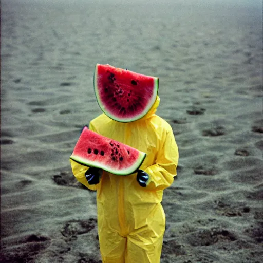 Prompt: a man wearing a hazmat suit, holding a watermelon, on the beach, film still, arriflex 35
