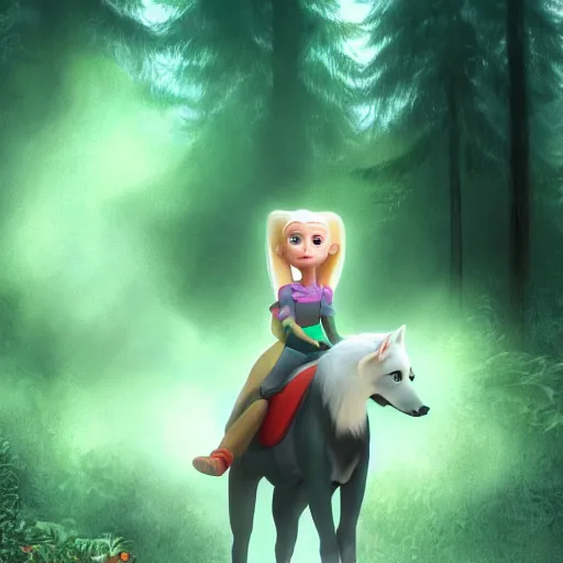 Image similar to medium shot young girl, blond hair green eyes, riding a gray wolf, in a dark forest, mysterious, backlit, beautiful still from a pixar dreamworks movie, trending on artstation