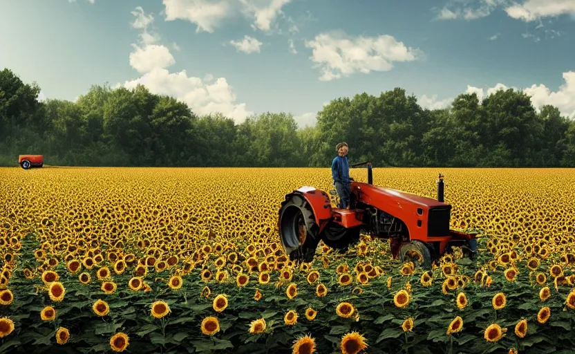 Prompt: hyperrealistic matte painting of cute little tractor dragging the tank on the sunflower field, scaffolding, by filip hodas, beeple, 4 k, trending on cgsociety