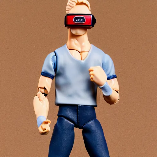 Image similar to action figure of a skinny blonde male wrestler wearing a vr headset and wearing a t - shirt and jeans, high detail, realistic,