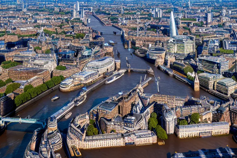 Prompt: an aerial view of a london city with a river running through it, a tilt shift photo by christopher wren, featured on cg society, new objectivity, uhd image, tilt shift, high dynamic range