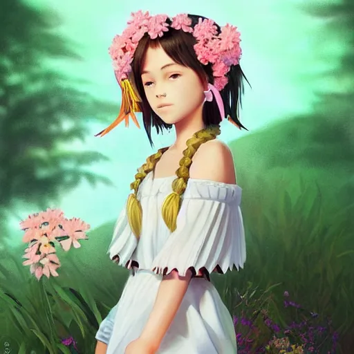 Prompt: little indigenous girl with flowers in hair wearing an white dress. art by ilya kuvshinov, profile picture, inspired in hirohiko araki, realistic, highly detailed, 8 0 s anime art style, vogue cover