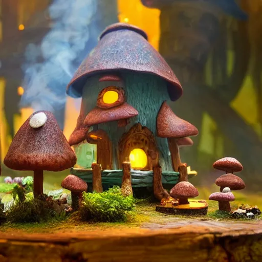 Prompt: A cute mushroom house with smoking chimney, glowing windows on the floor of the enchanted forest. stop motion set from the Box Trolls, medium shot, might cinematic lighting, sharp, high detail