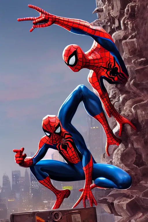 Image similar to spider - man sit on the raccoon and eating donuts, concept art, trending on artstation, highly detailed, intricate, sharp focus, digital art, 8 k