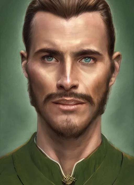 Image similar to a spiritual man in his twenties smirking with medium light brown hair tied back, light green eyes, a large forehead, a widows peak and a round face with high cheekbones and full lips as a realistic d & d fantasy character, portrait art by donato giancola and greg rutkowski, vintage retro, realistic face, digital art, trending on artstation