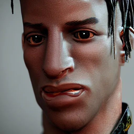 Prompt: Travis Scott in a kimono, figurine, studio lighting, blender, octane render, 8k, trending on artstation, high quality, detalied,