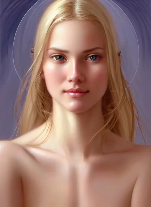 Prompt: beautiful feminine face!! portrait of young wife blessed by god with ever - increasing physical mental perfection, blonde, symmetrical! intricate, sensual features, highly detailed, divine holy perfection!! smile, digital painting, artstation, concept art, smooth, sharp focus, illustration, art by artgerm and greg rutkowski and alphonse mucha