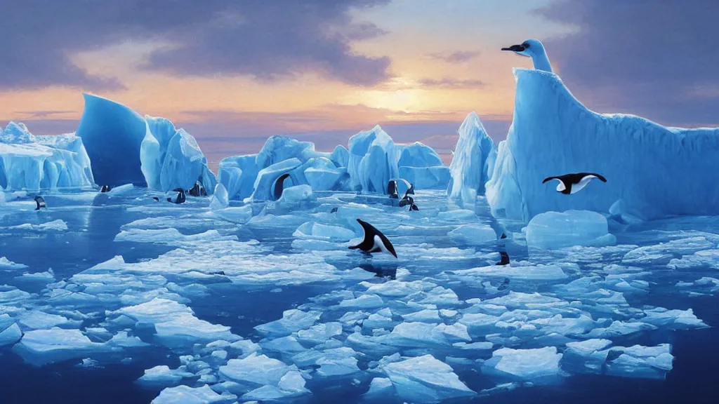 Image similar to the most beautiful panoramic landscape, oil painting, where a giant iceberg is lost in the frozen artic ocean, a giant penguin is exhaling steam while walking over the iceberg, the frozen artic ocean is reflecting the giant penguin and the ray lights of the sunset are brightening him, by greg rutkowski